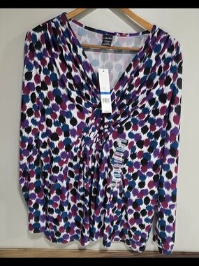 Rafaella Purple Blue Black Dot-Print V-Neck Blouse